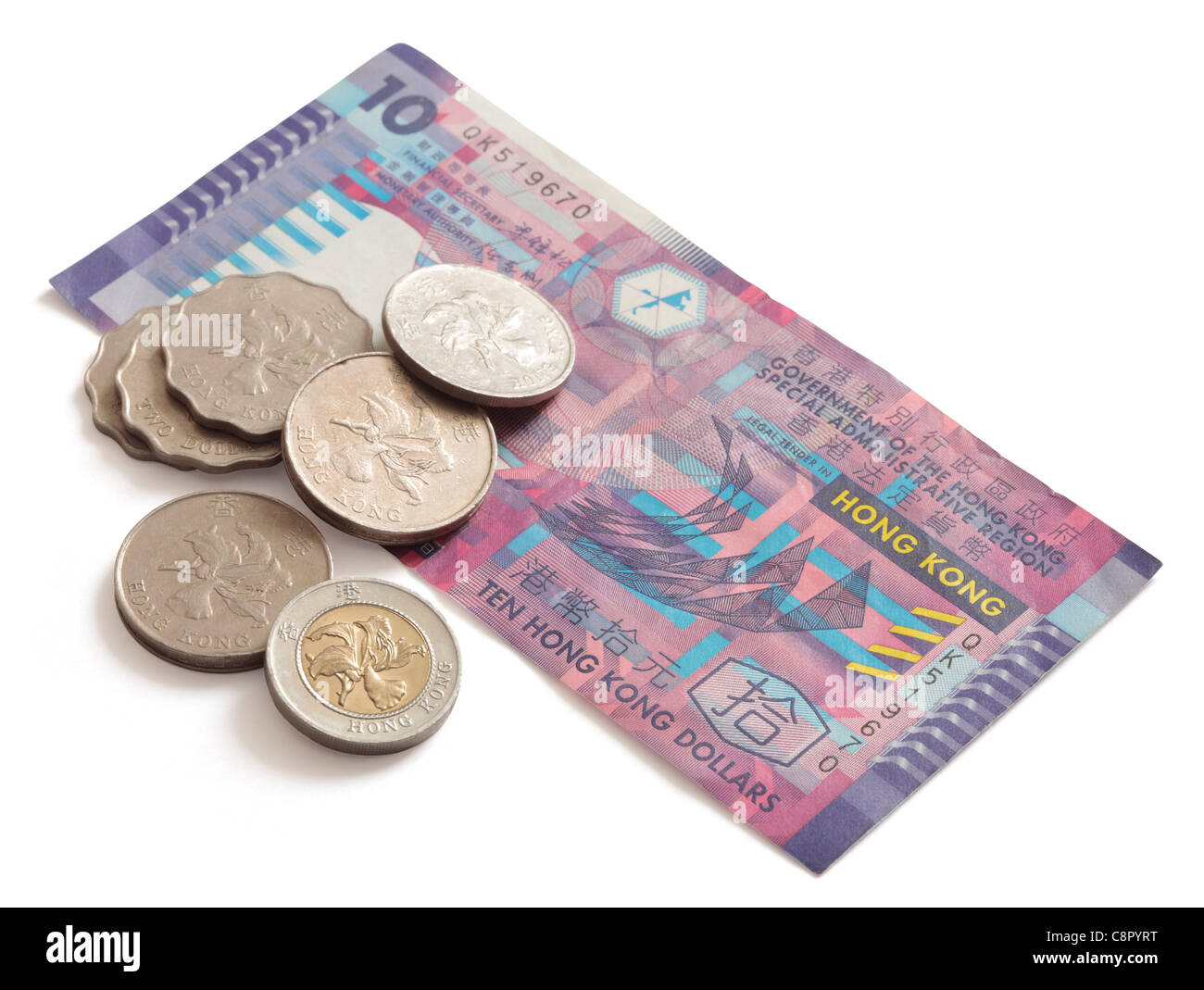 Hong Kong 10 Dollar delle banconote e delle monete Foto Stock