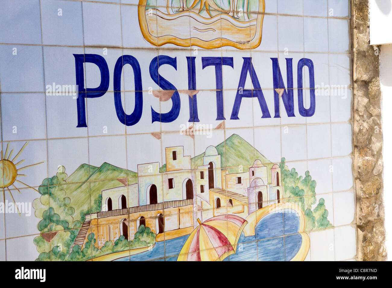 Positano scritto su ceramica " Costiera Amalfitana " riviera italiana Foto Stock