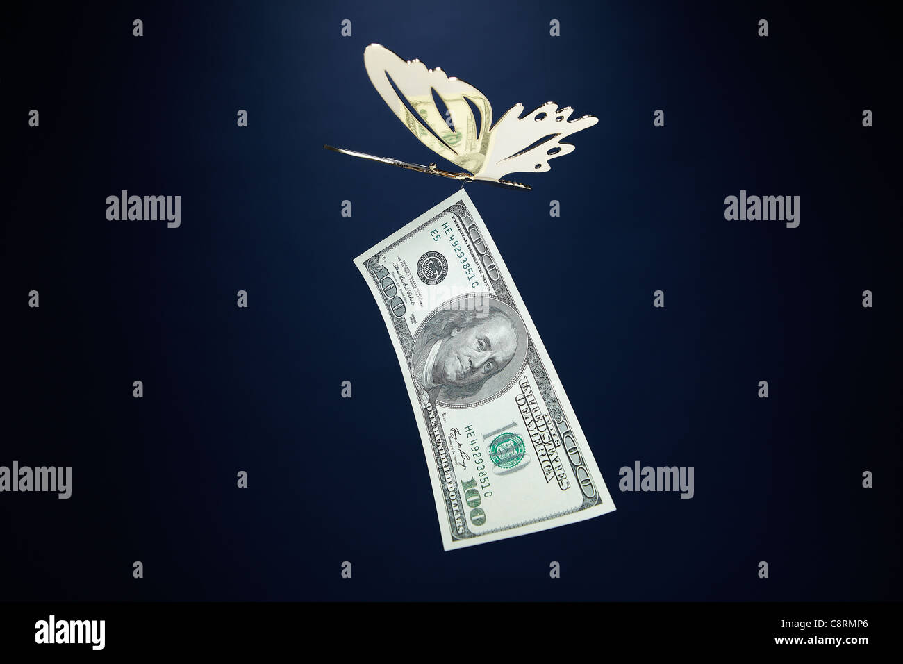 Close-up di butterfly con 100 dollar nota di valuta Foto Stock
