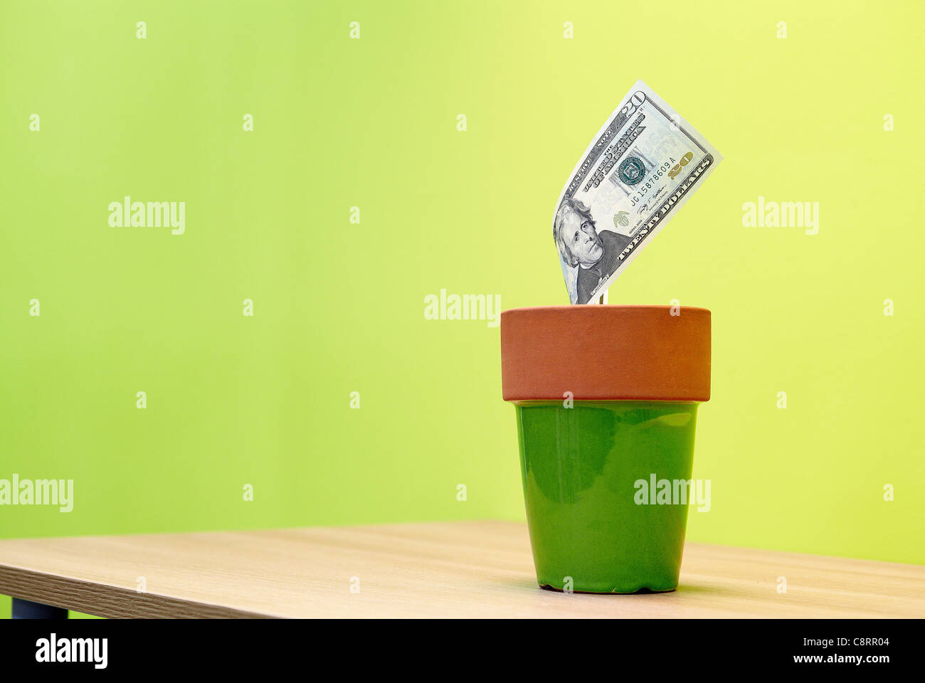 Un centinaio di dollar sul vaso di fiori conservati su tavola Foto Stock