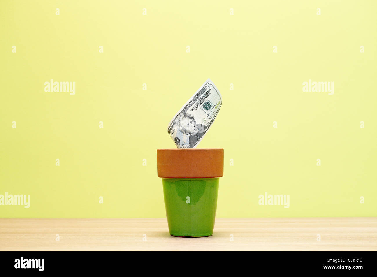Dollaro americano Bill crescente sul vaso di fiori Foto Stock