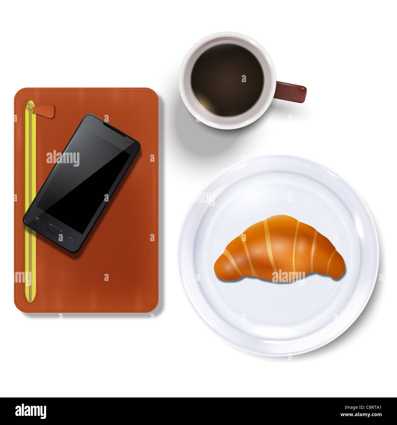 Il diario e il telefono cellulare con prima colazione Foto Stock