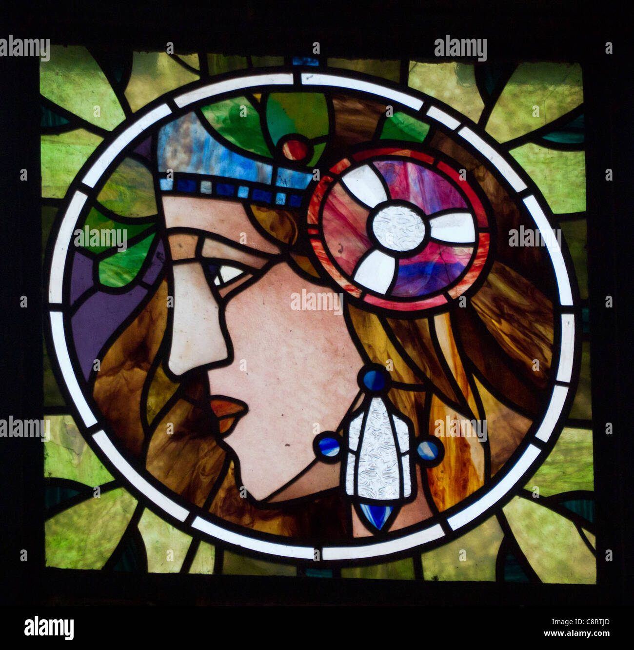 Dettaglio dell'Art Nouveau in vetro colorato pannello sulla Casa Municipale o il Obecni Dum in Praga nella Repubblica Ceca Foto Stock