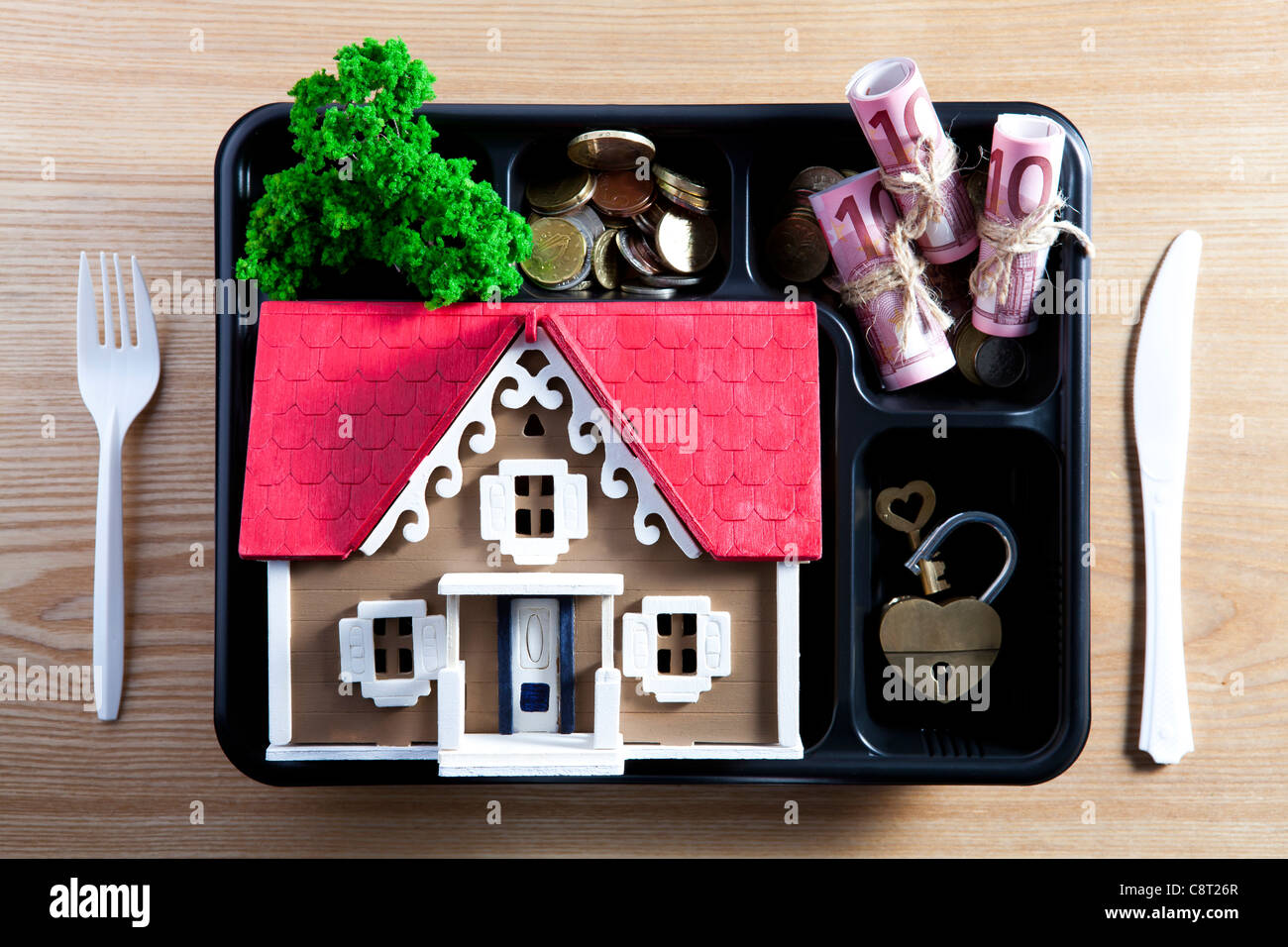 Modello di casa nel vassoio con moneta e bloccare Foto Stock