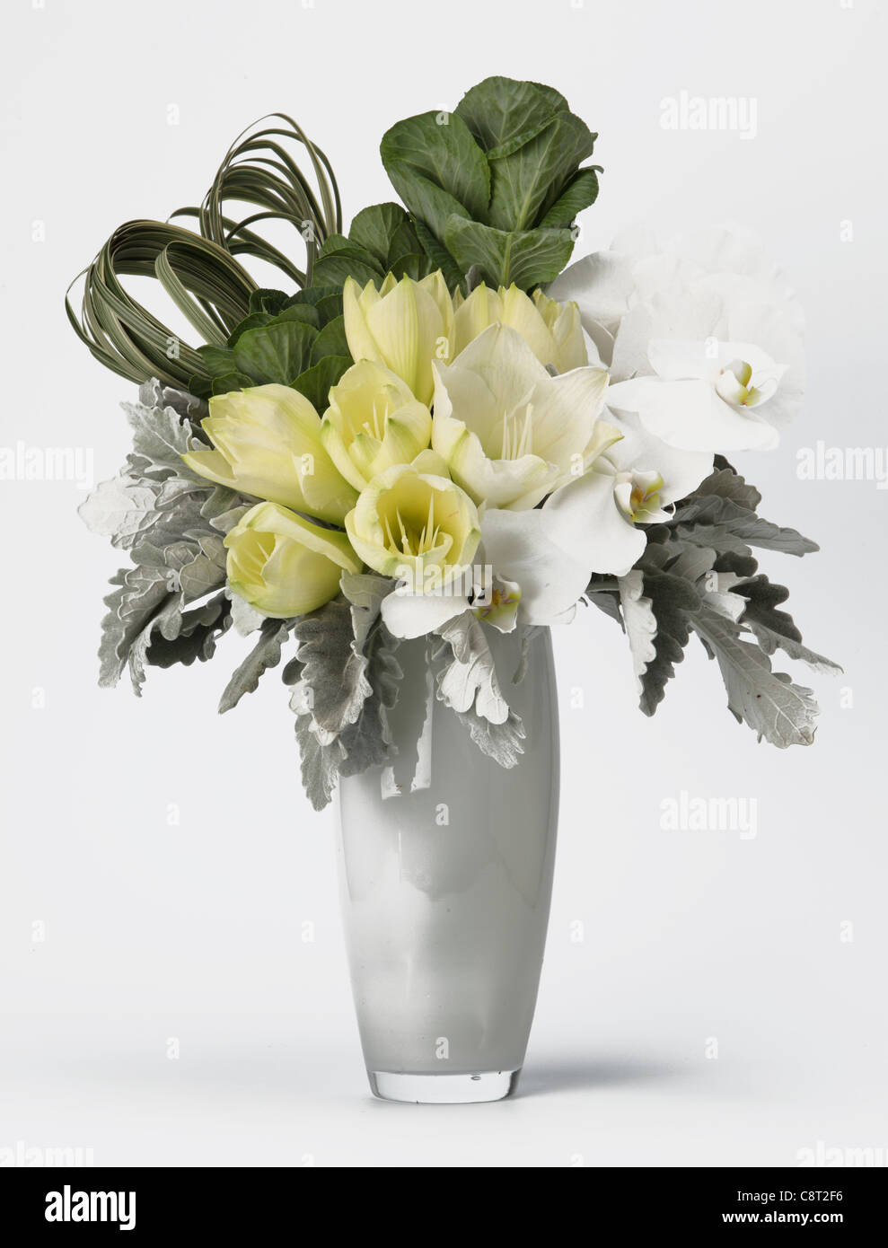 Un colorato bouquet di fiori in un vaso. Giallo e Bianco tulipani, bianco phalaenopsis orchidee Foto Stock