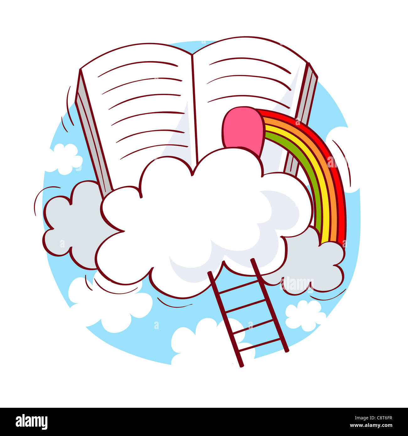 Scaletta sulle nuvole con libro e rainbow Foto Stock