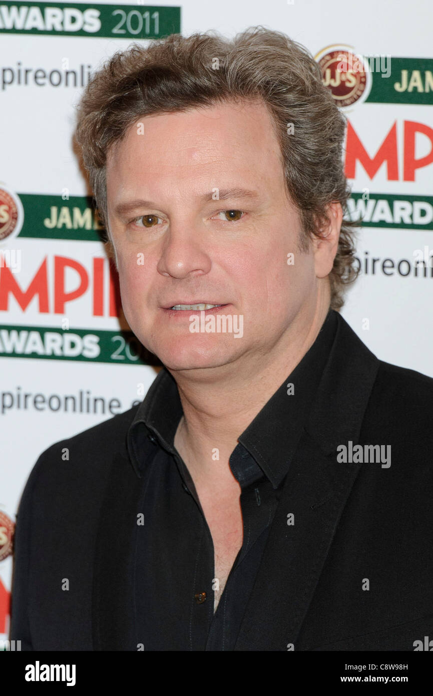 Colin Firth pone in sala stampa all'Empire Awards. Foto Stock