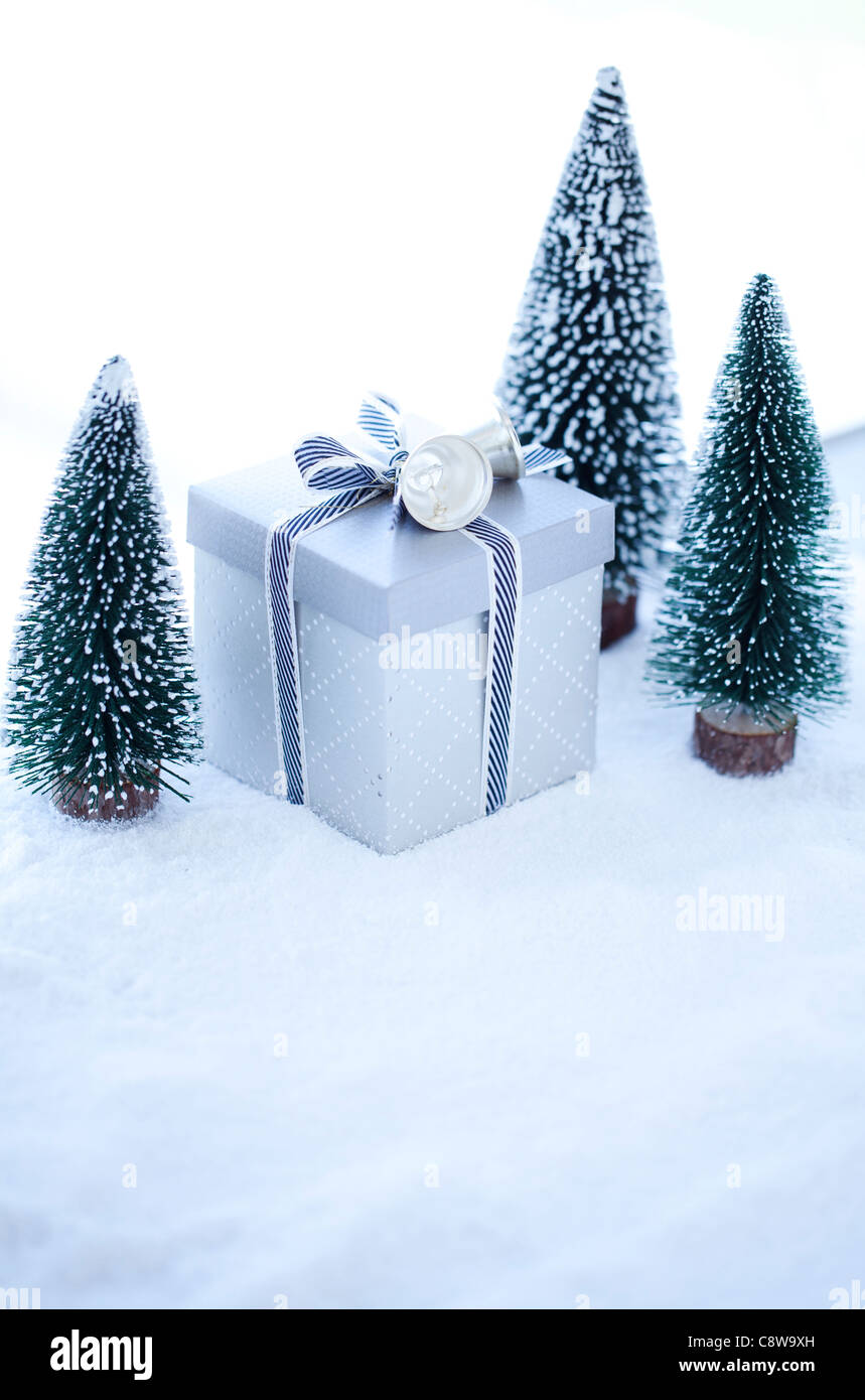 Albero di natale e confezione regalo su Fur Foto Stock