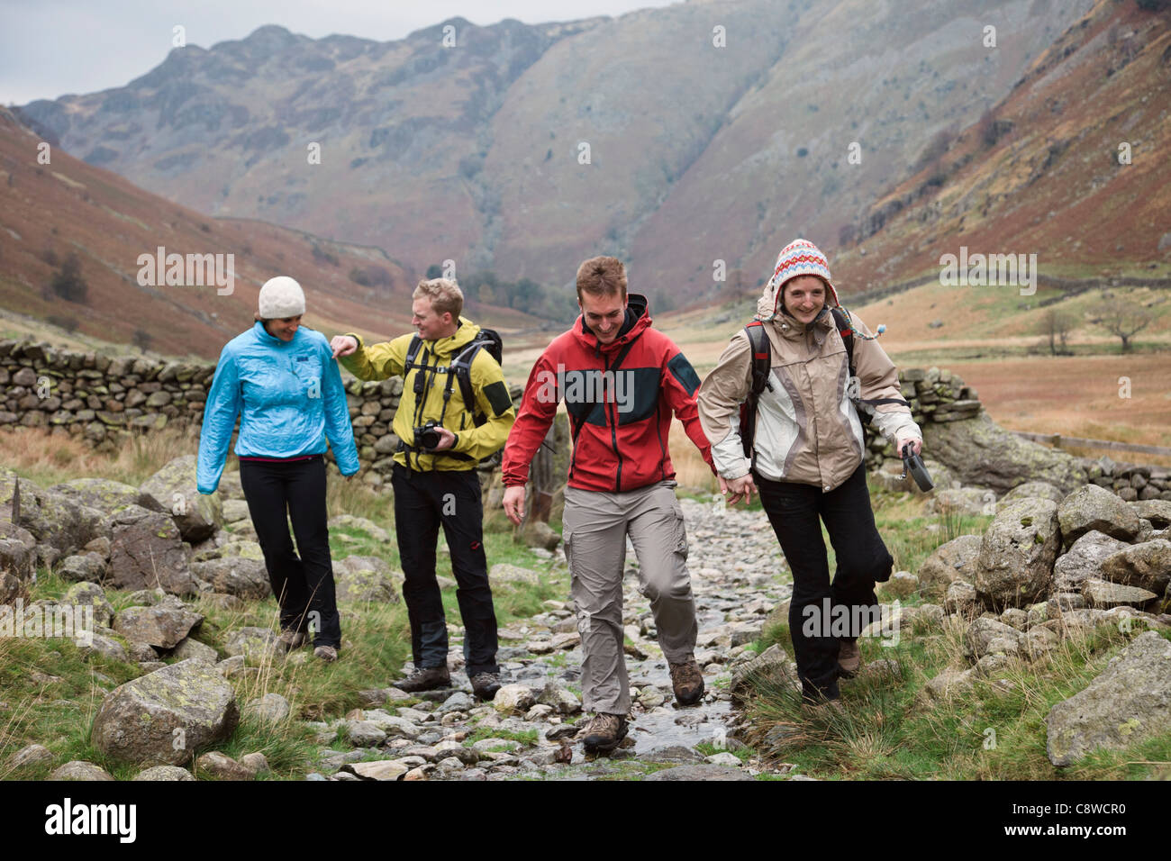 Quattro giovani popolo millenario passeggiate godendo di una passeggiata nella valle Langstrath nelle montagne del Parco Nazionale del Distretto dei Laghi Cumbria Inghilterra England Regno Unito Foto Stock