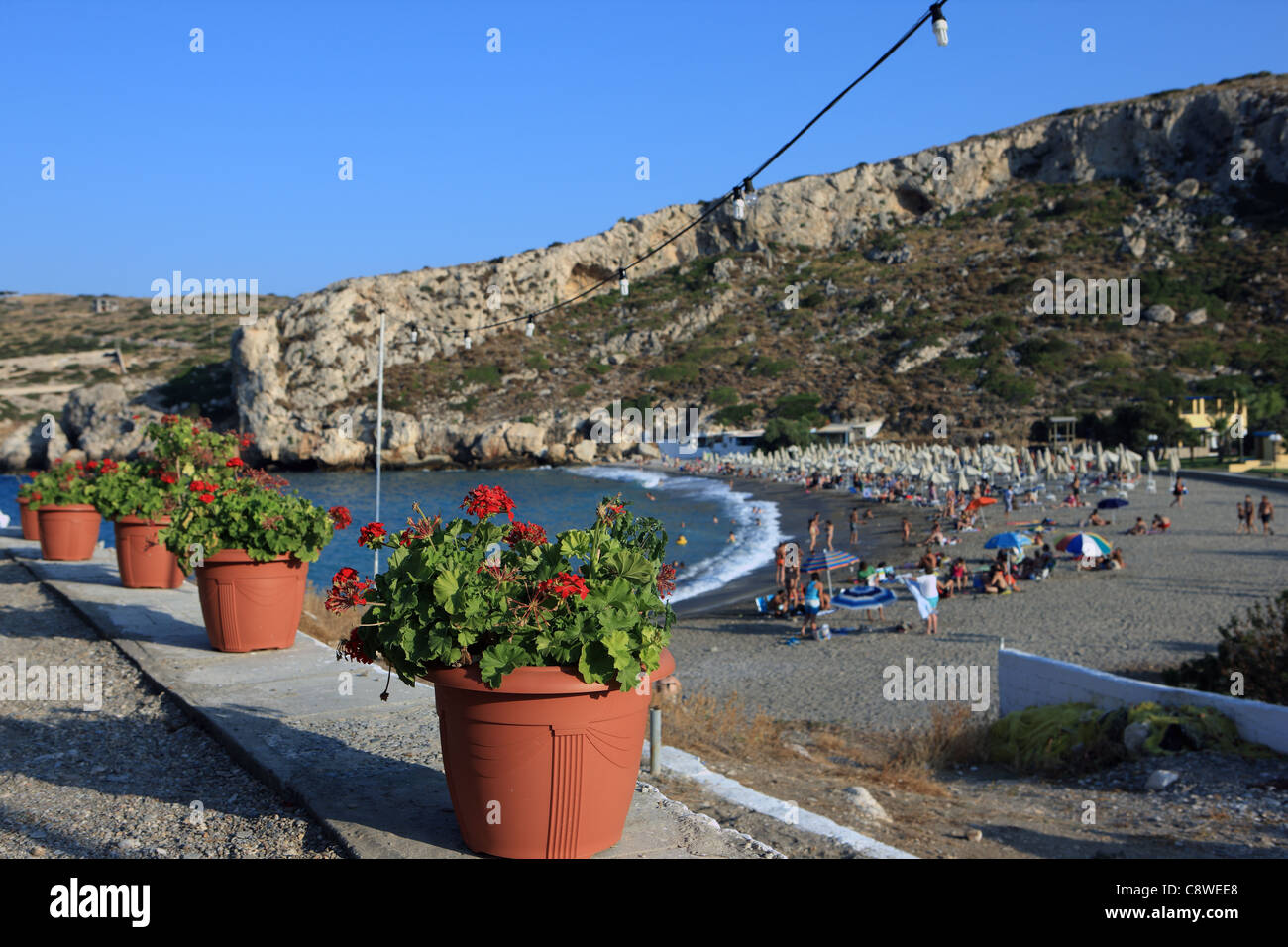 Pentole di rosso dei gerani affacciato sul Kaki Thalassa Beach a sud di Atene in Grecia Foto Stock