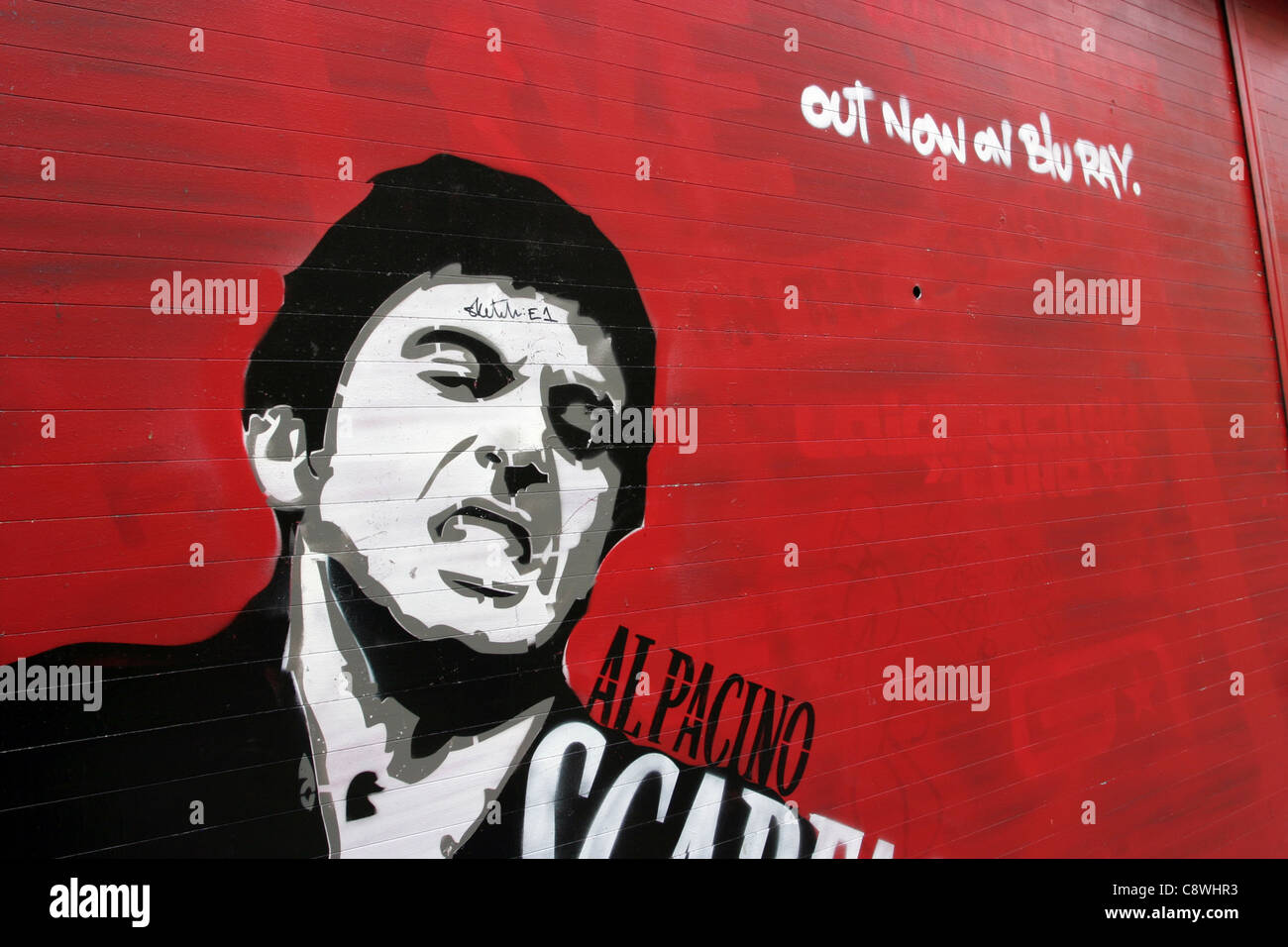 Al Pacino Scarface Blu Ray Graffiti Street Art Pubblicità Foto Stock