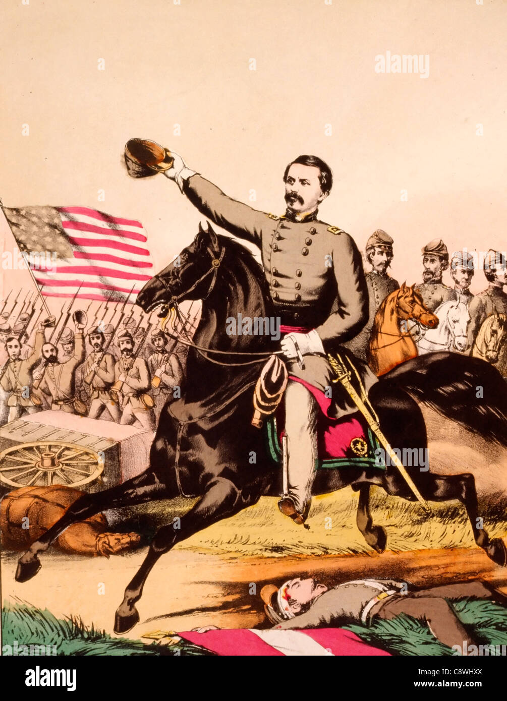 Il maggiore generale George McClellan a cavallo durante gli Stati Uniti la Guerra Civile - Union Army Foto Stock