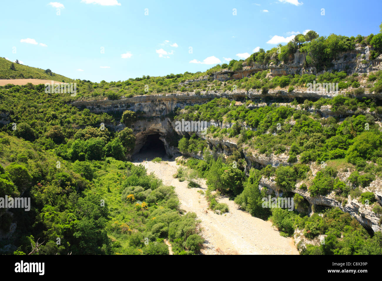 Valle del fiume Cesse e di uscire da una sezione sotterranea del fiume. Vicino a Minerve, Département de l'Hérault. Foto Stock