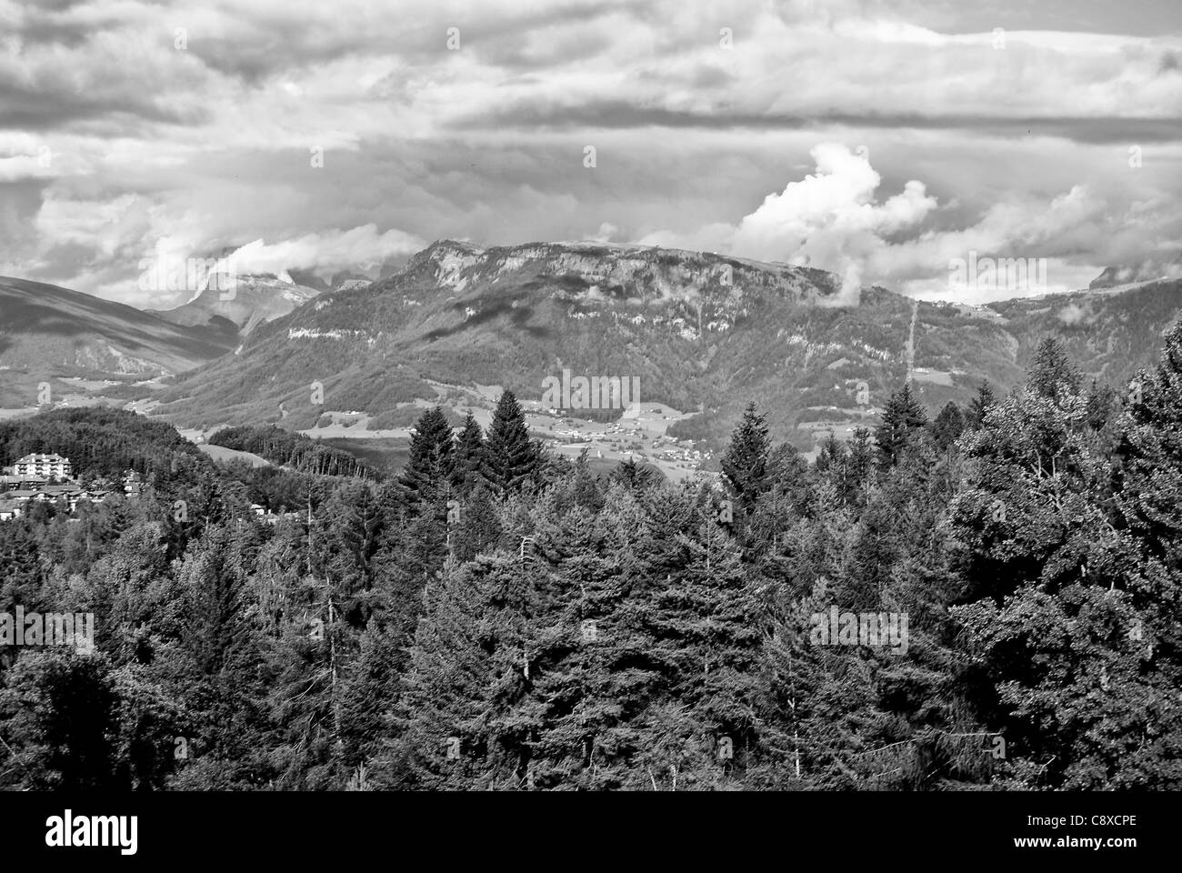 Bella e verde paesaggio di montagna con alberi in Renon, Italia, Alto Adige Foto Stock