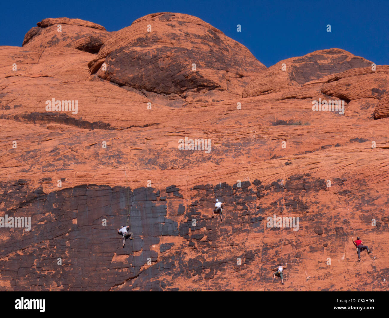 Gli alpinisti alla prova la loro abilità su pareti di pietra arenaria in Red Rock Canyon Park, Las Vegas, Nevada Foto Stock