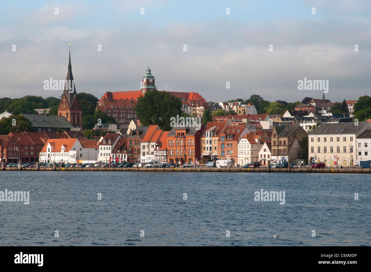 Vista la città di Flensburg, fiordo di Flensburg, Mar Baltico, Schleswig-Holstein, Germania, Europa Foto Stock