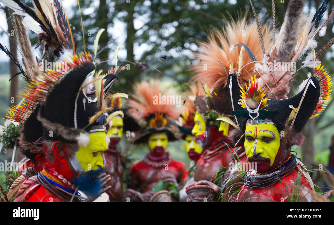 Huli Wigmen a Paiya Visualizza Sing-sing nelle Highlands di Papua Nuova Guinea Foto Stock