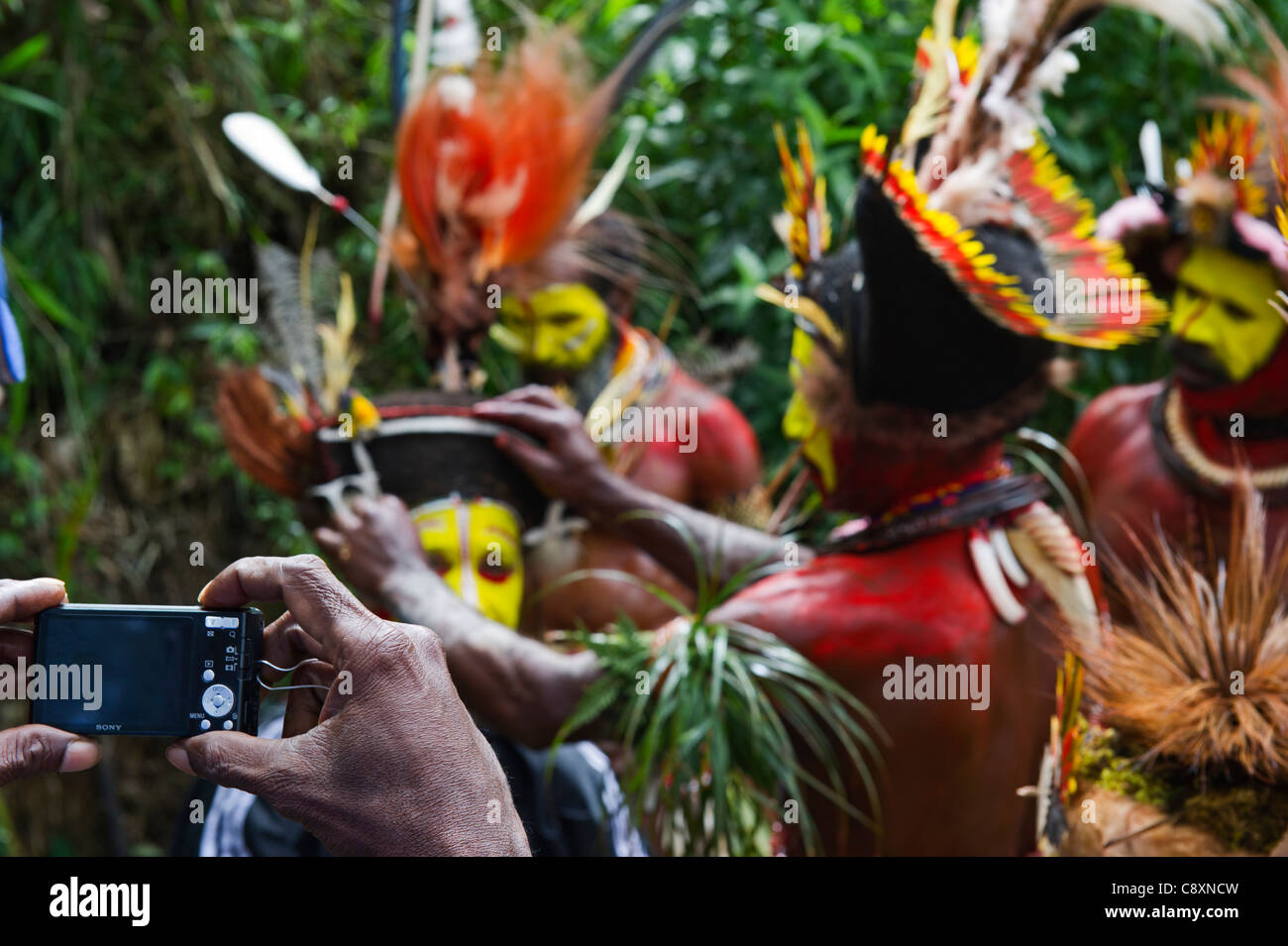 Huli Wigmen dal Tari Valley in Southern Highlands di Papua Nuova Guinea presso un sing-sing Mt Hagen Foto Stock