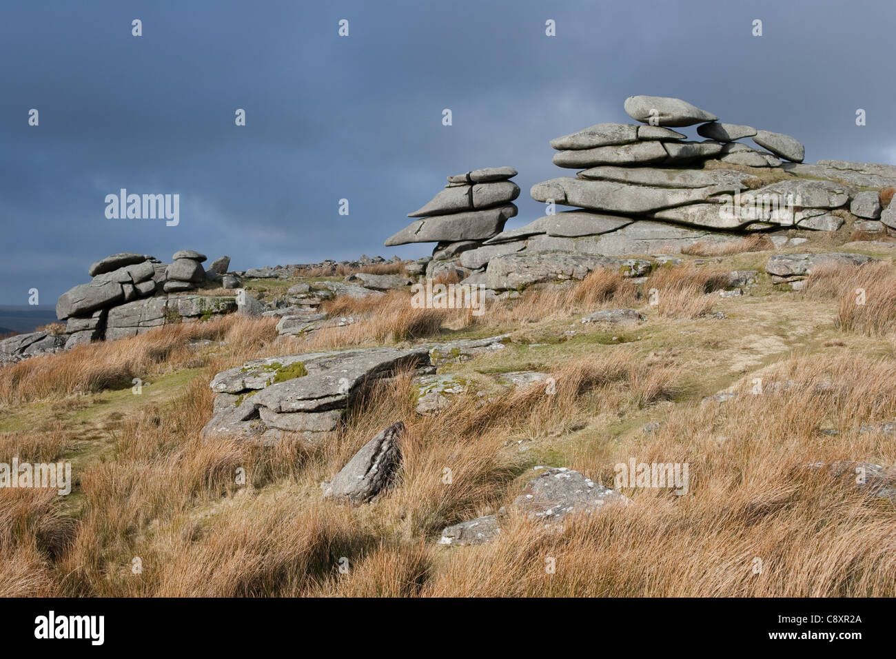 Il Cheesewring è un granito tor in Cornovaglia, situato sul versante orientale di Bodmin Moor sulla collina Stowes Foto Stock