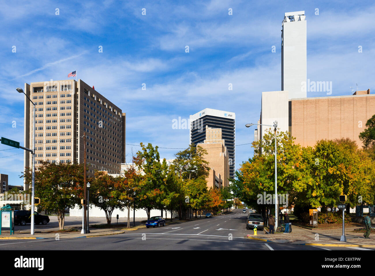 Lo skyline della città da 16th Street in diritti civili distretto, Birmingham, Alabama, STATI UNITI D'AMERICA Foto Stock