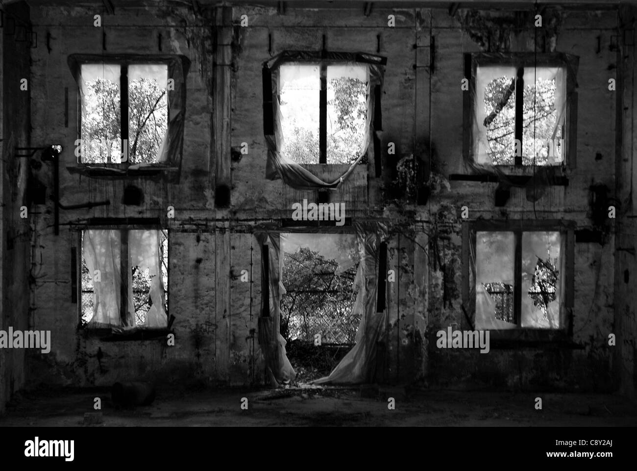 Fabbrica abbandonata, camera con finestre rotte. Foto Stock