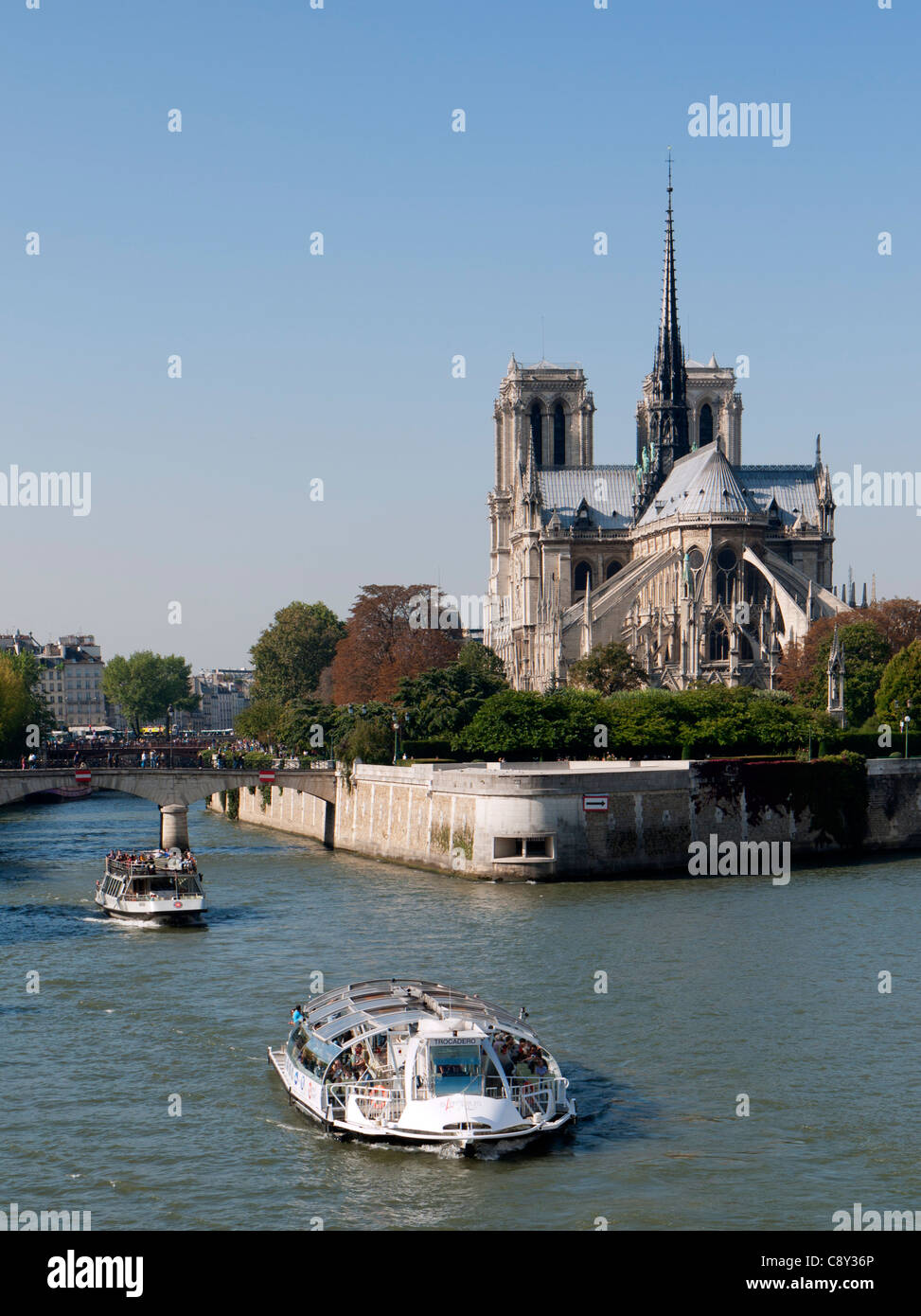 I turisti barche sul Fiume Senna con la cattedrale di Notre Dame a Parigi Francia Foto Stock