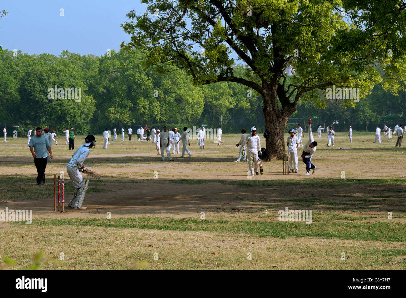 Riproduzione di cricket India Gate Park New Delhi India Foto Stock