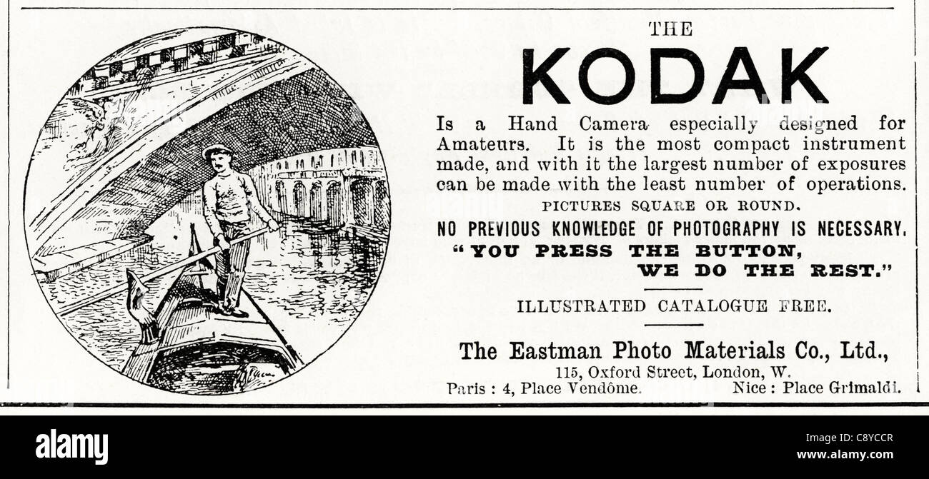 Vittoriano originale annuncio circa 1892 pubblicità Kodak fotocamera a mano uno dei loro primi annunci pubblicitari Foto Stock