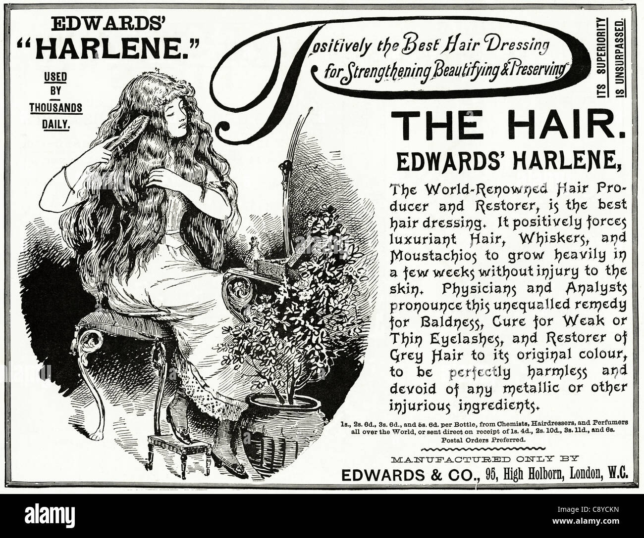 Vittoriano originale annuncio circa 1892 pubblicità EDWARDS HARLENE restauratore dei capelli Foto Stock