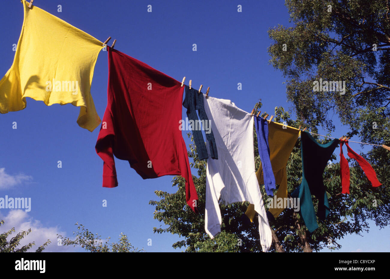 Lavaggio on line essiccamento in giardino in estate il sole Foto Stock