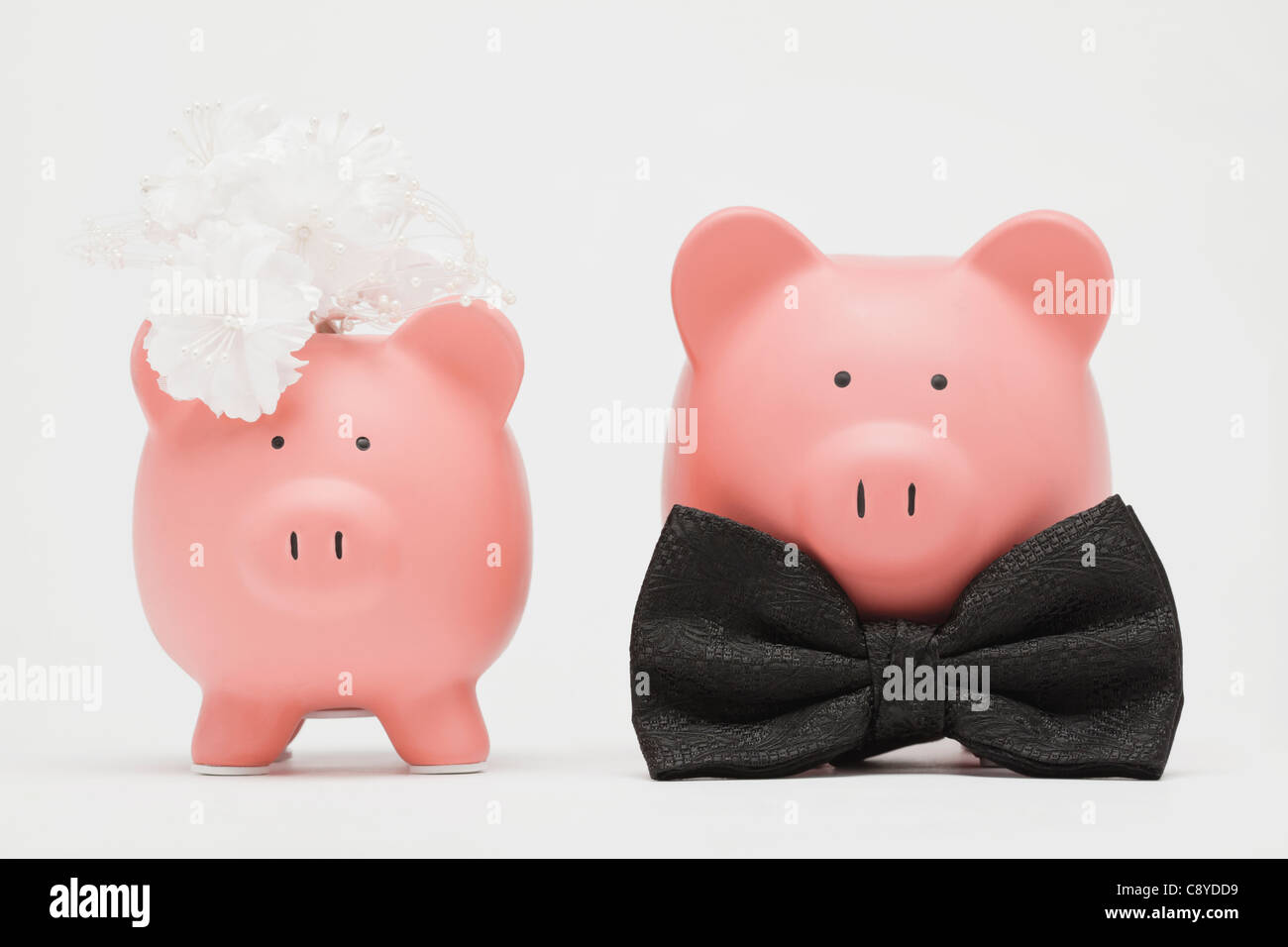 Rosa piggybanks stilizzata come sposi, studio shot Foto Stock