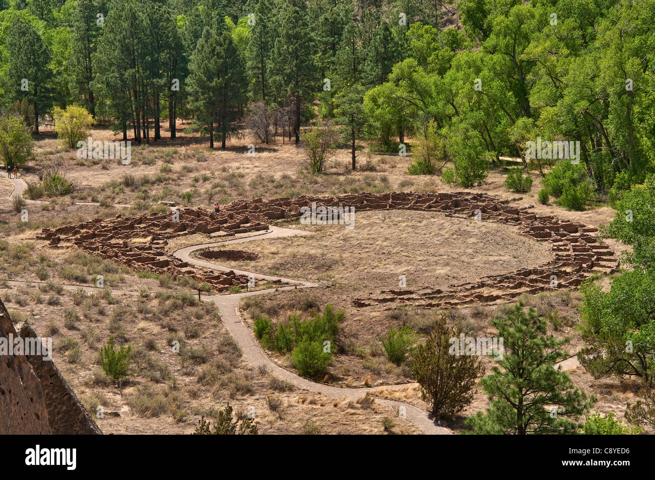 Tyuonyi pueblo, costruito dagli antichi Pueblo persone (Anasazi), Frijoles Canyon, Bandelier National Monument, Nuovo Messico, STATI UNITI D'AMERICA Foto Stock