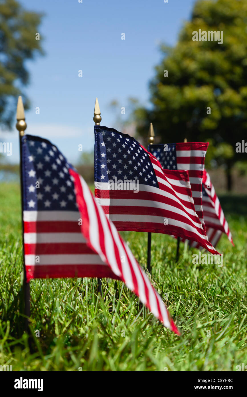 Stati Uniti d'America, Illinois, Metamora, Fila di bandierine americane sul cimitero Foto Stock