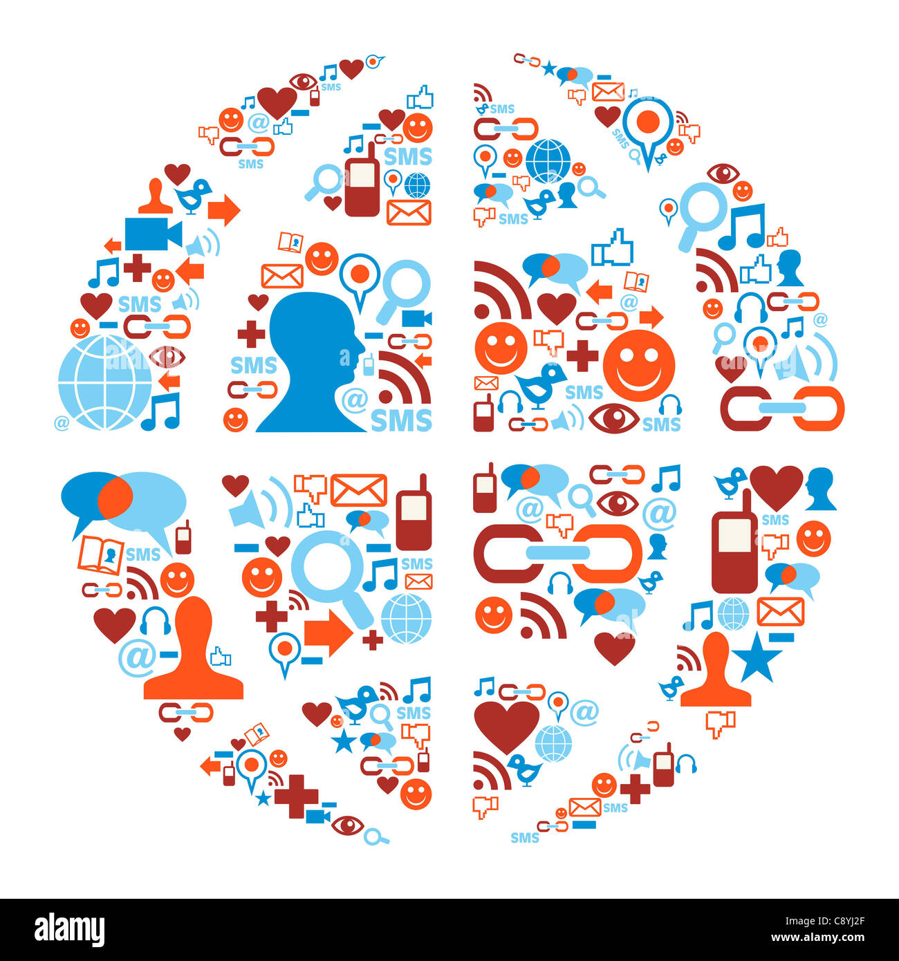 Social media set di icone nel globo terrestre forma illustrazione Foto Stock