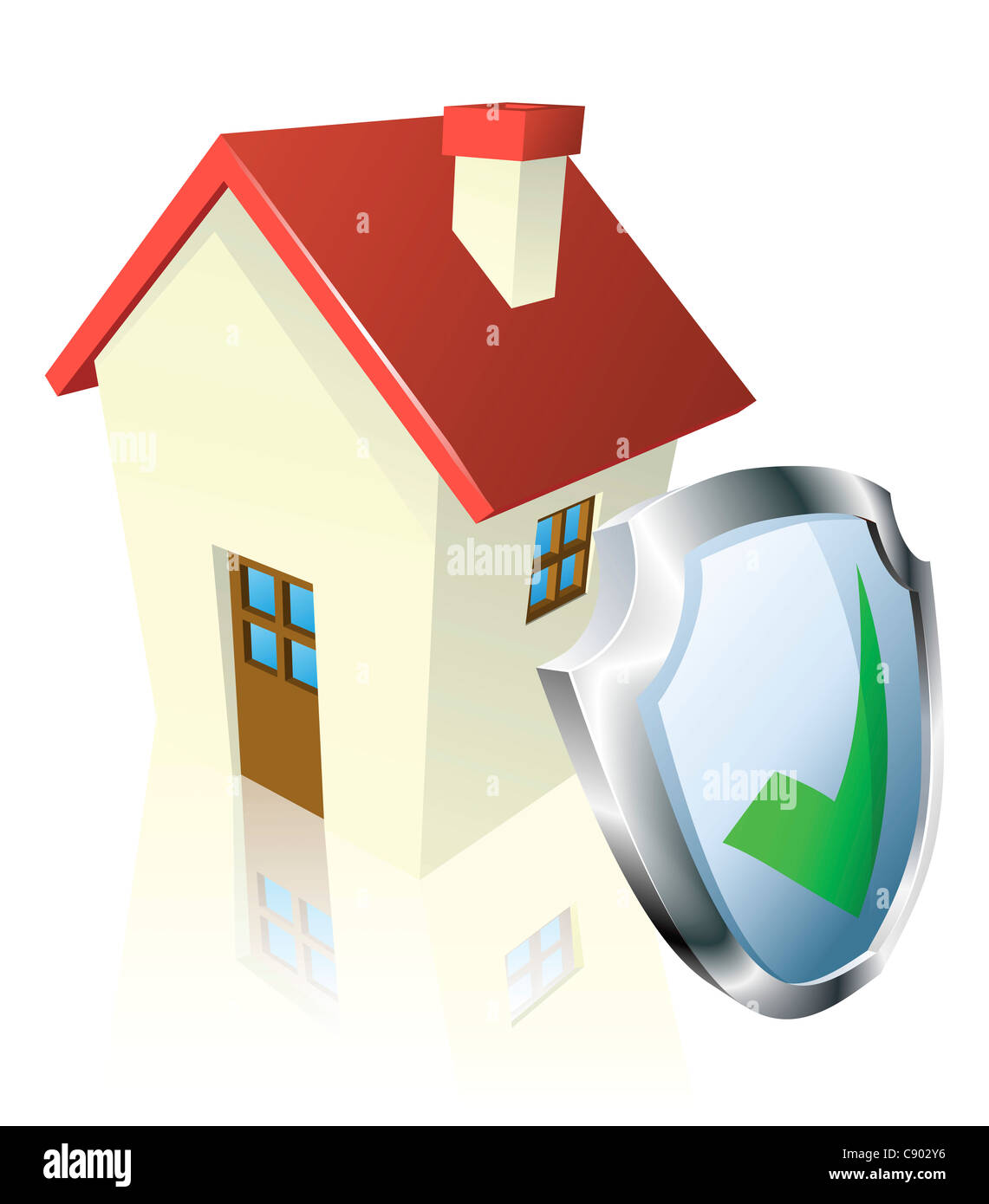 Casa con scudo e segno di spunta verde che indica che è assicurato, sicuro o garantito Foto Stock