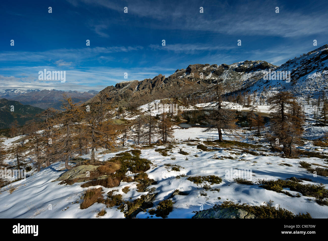L'italia, valle d'Aosta, il monte Avic parco regionale, paesaggio di montagna con i larici Foto Stock