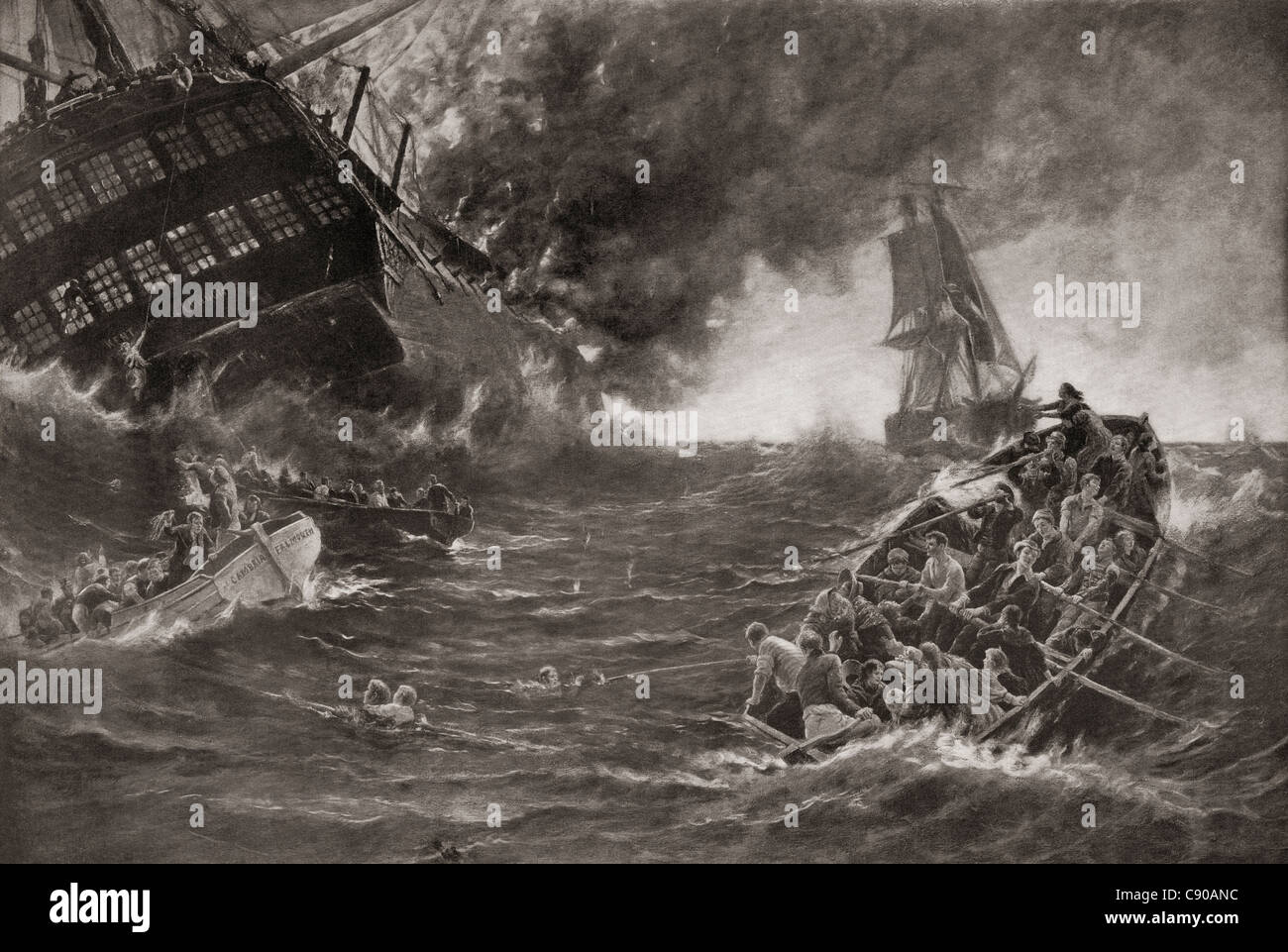 La bruciatura del Kent. La East Indiaman "Kent" naufragio per il suo viaggio inaugurale nel Golfo di Biscaglia nel 1825. Foto Stock
