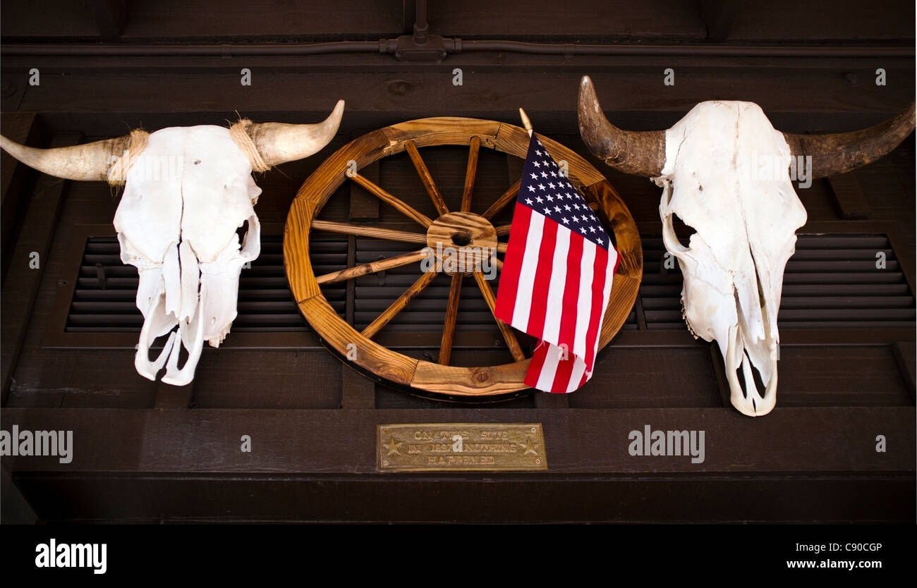 Due teschi di mucca, la ruota di un carro e una bandiera americana. Foto Stock