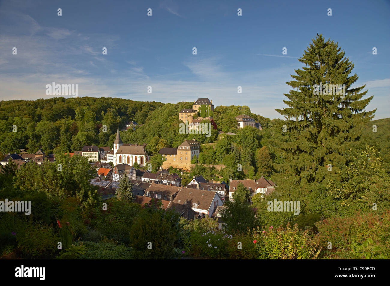 Castello, casa in legno e muratura, chiesa, S. Mariae assunta, Blankenheim, Eifel, Renania settentrionale-Vestfalia, Germania, Europa Foto Stock