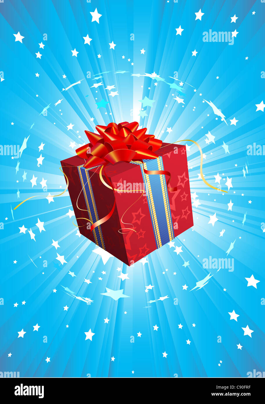 Illustrazione della piazza rossa presente casella con un inchino e nastri su stellato sfondo blu Foto Stock