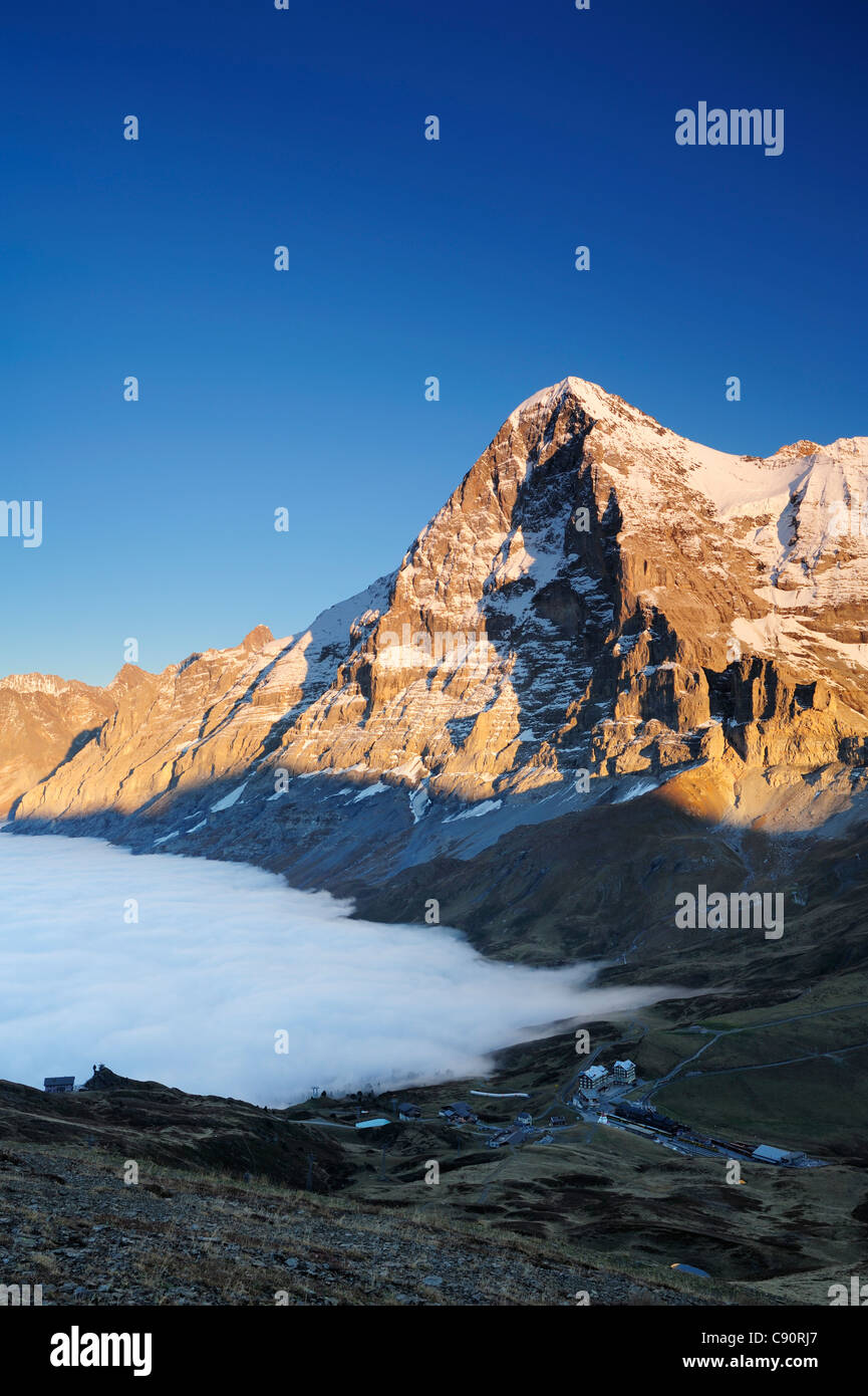 Alpenglow a Eiger sopra Kleine Scheidegg, mare di nebbia al di sopra di Grindelwald, Kleine Scheidegg, Grindelwald, Patrimonio Mondiale dell'UNESCO si Foto Stock