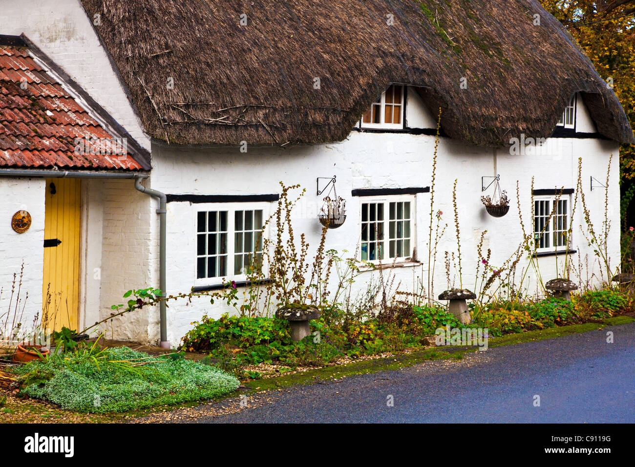 Una tipica con tetto di paglia di inglese cottage di campagna nel Wiltshire villaggio di Clyffe Pypard, England, Regno Unito Foto Stock