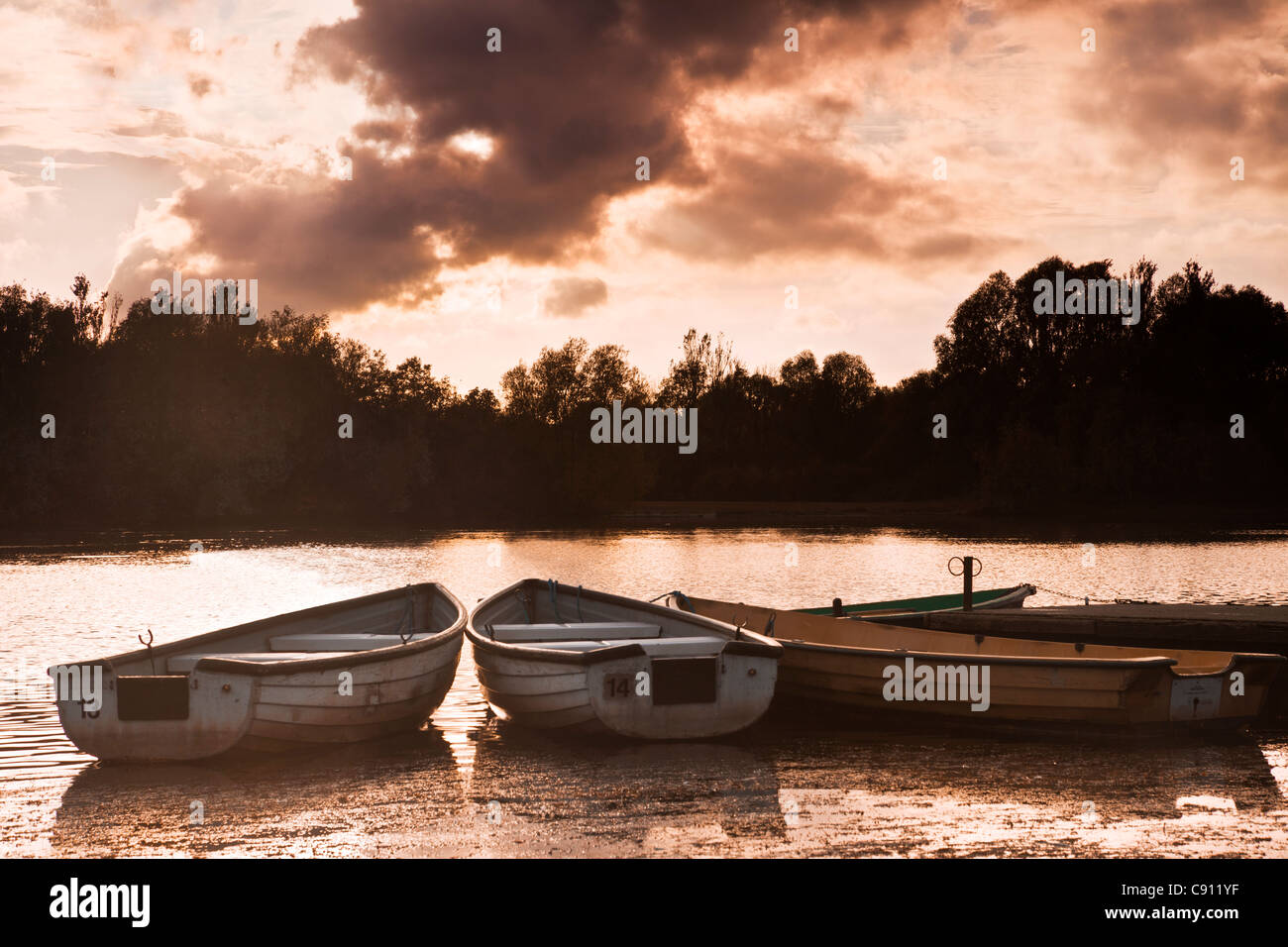 Un autunno tramonto sul lago a Colwick Country Park, Nottingham, Nottinghamshire, England, Regno Unito Foto Stock