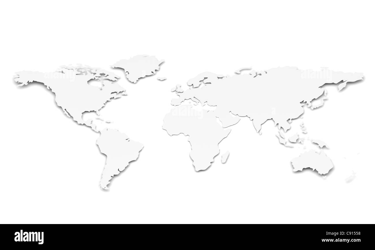 Una mappa del mondo in 3D. Forma di carta sottile e poco profonda. Bianco Foto Stock