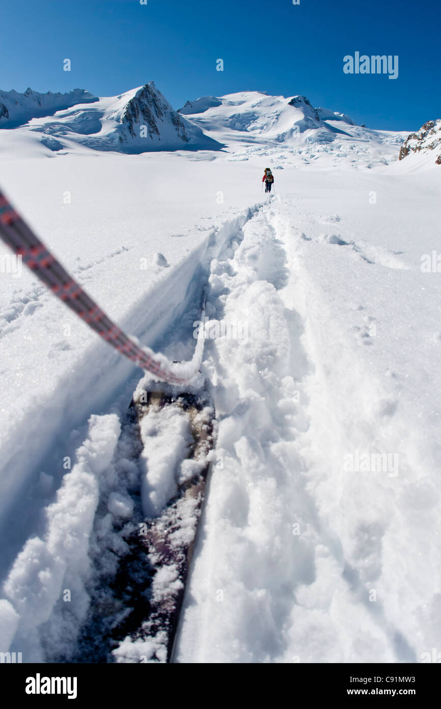 Basso angolo vista di cordata sciatori lasciando il campo sul ghiacciaio triumvirato a salire il monte Torbert, Tordrillo Mountains, Alaska Foto Stock