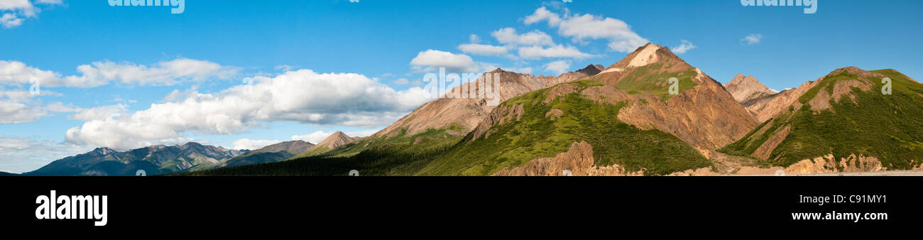 Panorama di pomeriggio in luce l'Alaska Range adiacente al fiume Toklat nel Denali National Park & Preserve, Alaska, molla Foto Stock