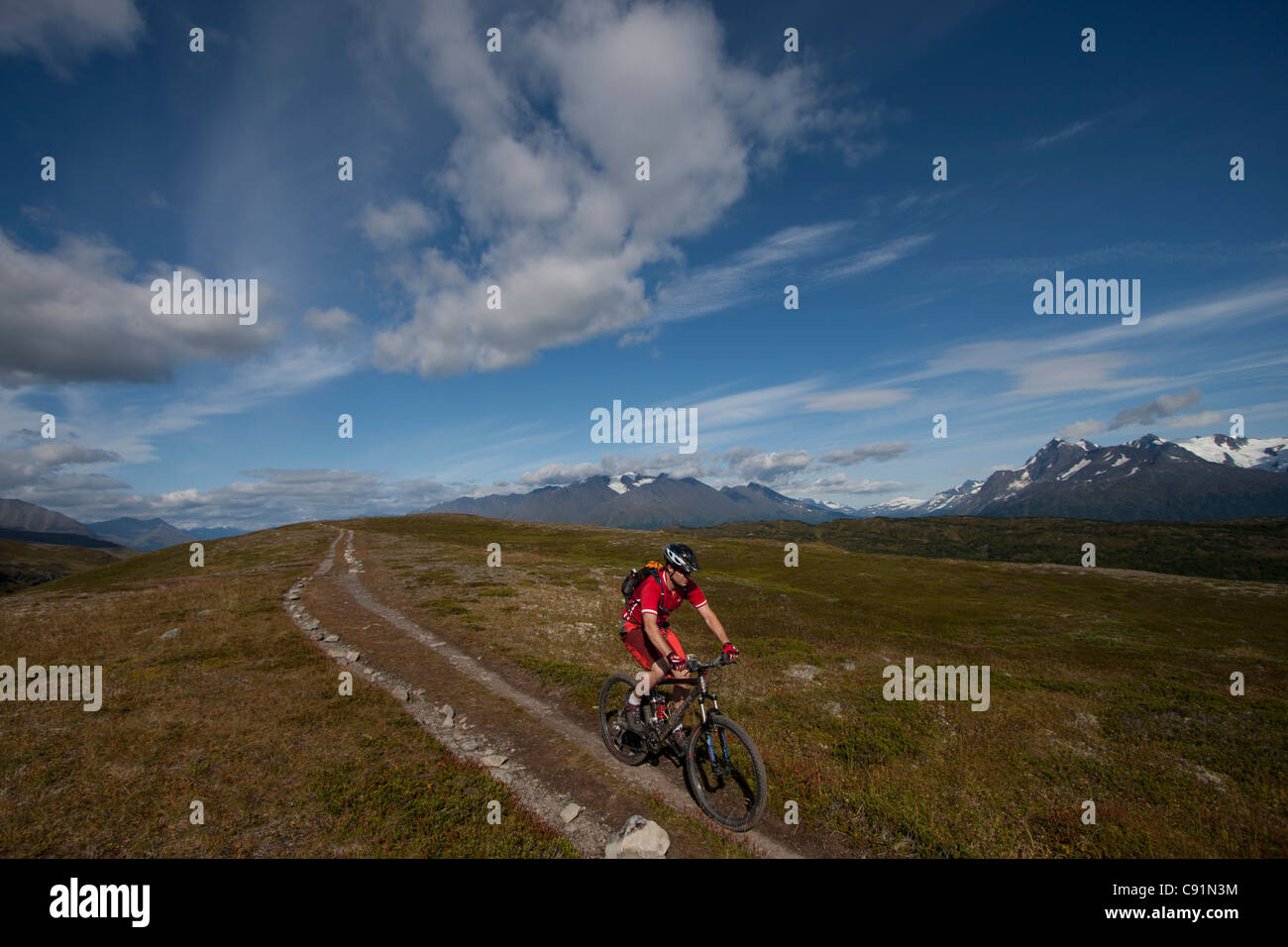 Mountain Biker sul lago perduto il sentiero vicino a Seward, Penisola di Kenai, centromeridionale Alaska, estate Foto Stock