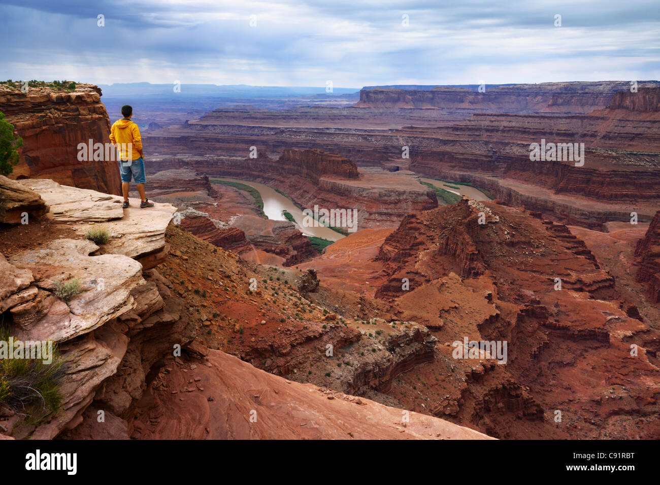 Turistico a Dead Horse Point a guardare il Fiume Colorado, Dead Horse Point State Park Foto Stock