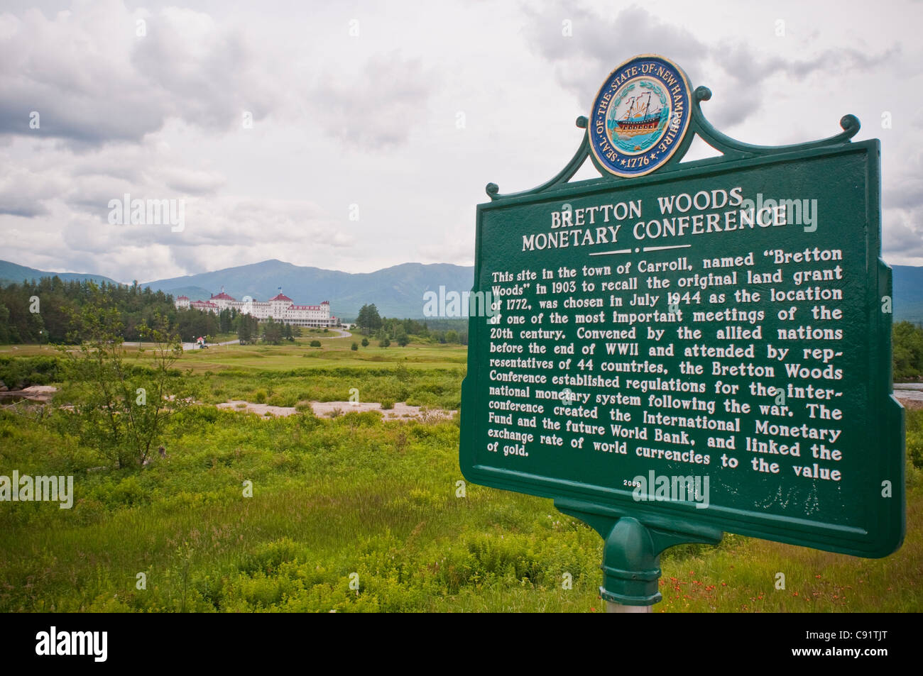 Casa vacanza estate montagna bianca regione del New Hampshire. Bretton Woods conferenza monetaria segno, Mt. Washington Foto Stock