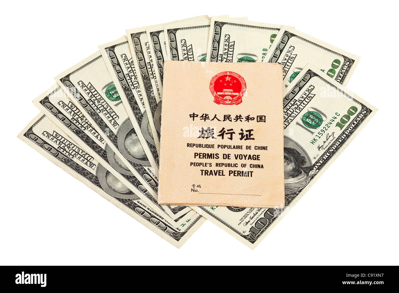 Il cinese permesso di viaggio e in dollari USA su bianco Foto Stock